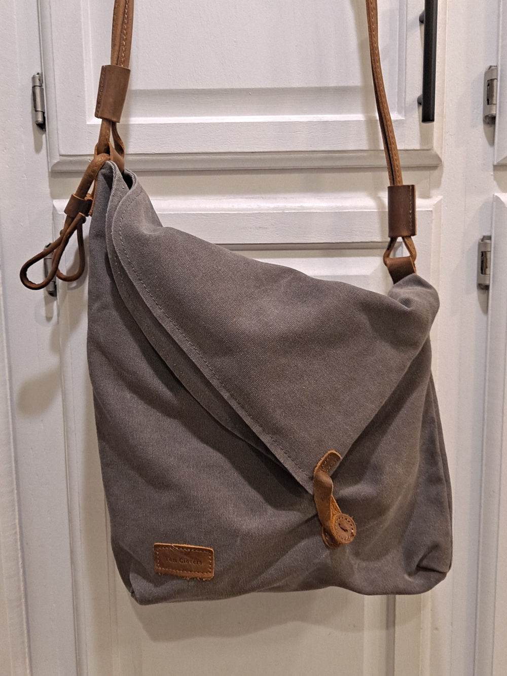 Tom Clovers Unique Gray Waxed Canvas Rustic Satchel Messenger Tan Leather Trim